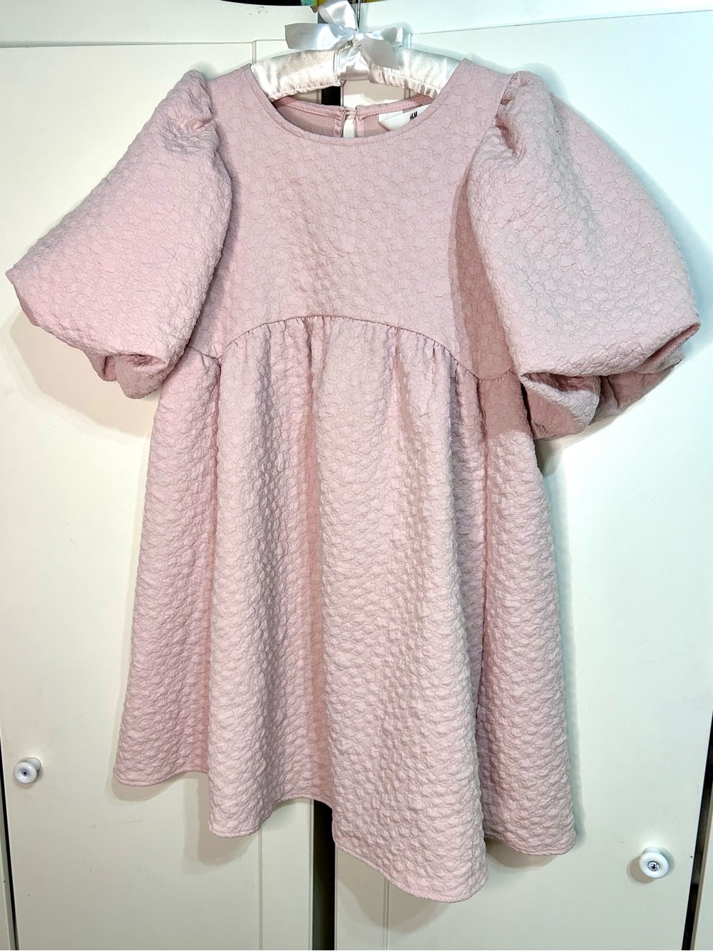 H&M Girl’s Puff Sleeve Textured Pink Dress Size 7 Cottage Core Coquette Girl